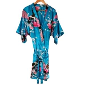 Elegant Floral Kimono Satin Robe - Teal and Pink